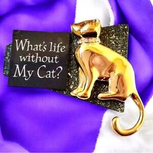 Retro Cat Brooch Pin Kitsch Wood Acrylic Metal WHAT'S LIFE WITHOUT MY CAT?